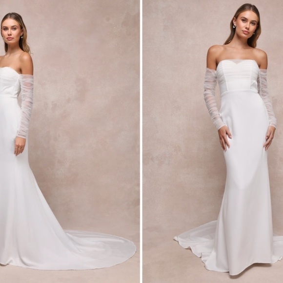 LULU's Elegant Sophisticated Sexy Mesh Off-the-Shoulder Long Sleeve Bridal Gown - Picture 3 of 6